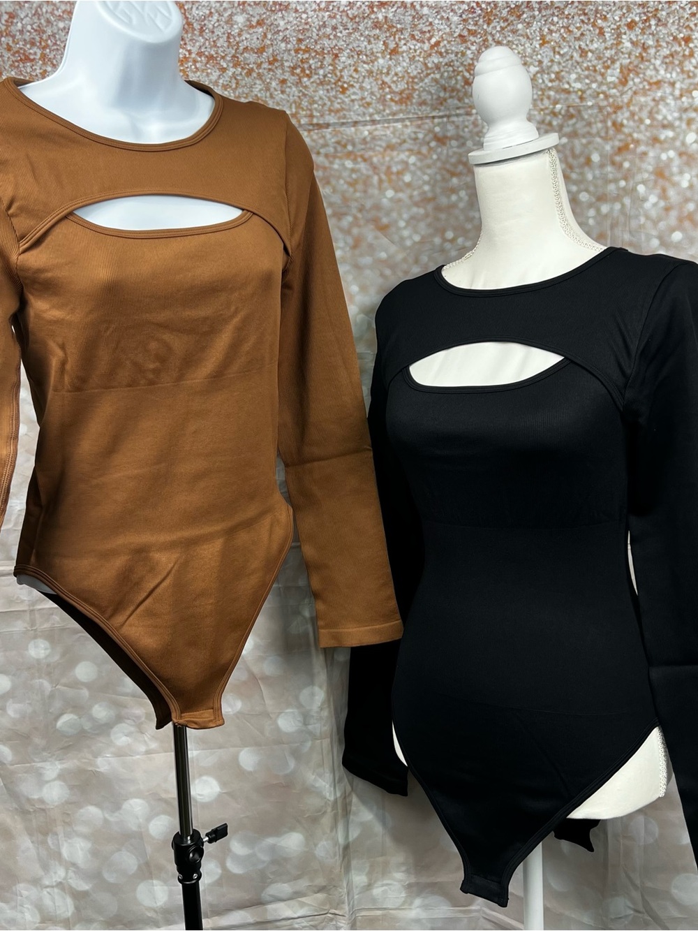 Cutout Long-Sleeve Bodysuits- Black and Brown